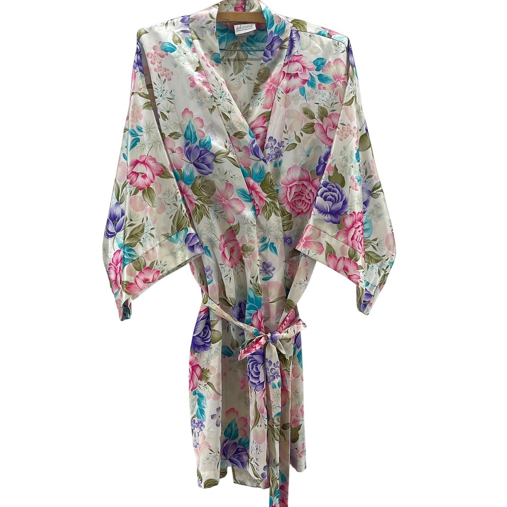 VTG Adonna Floral Satin Bridal Robe Womens M White Pink Purple Coquette Feminine